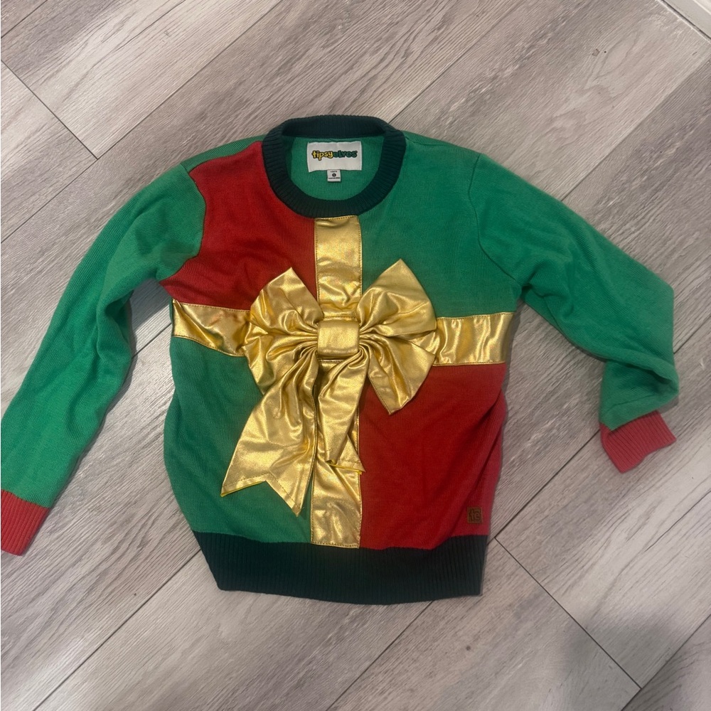 Tipsy Elves Green and Red Sweater with Gold Bow